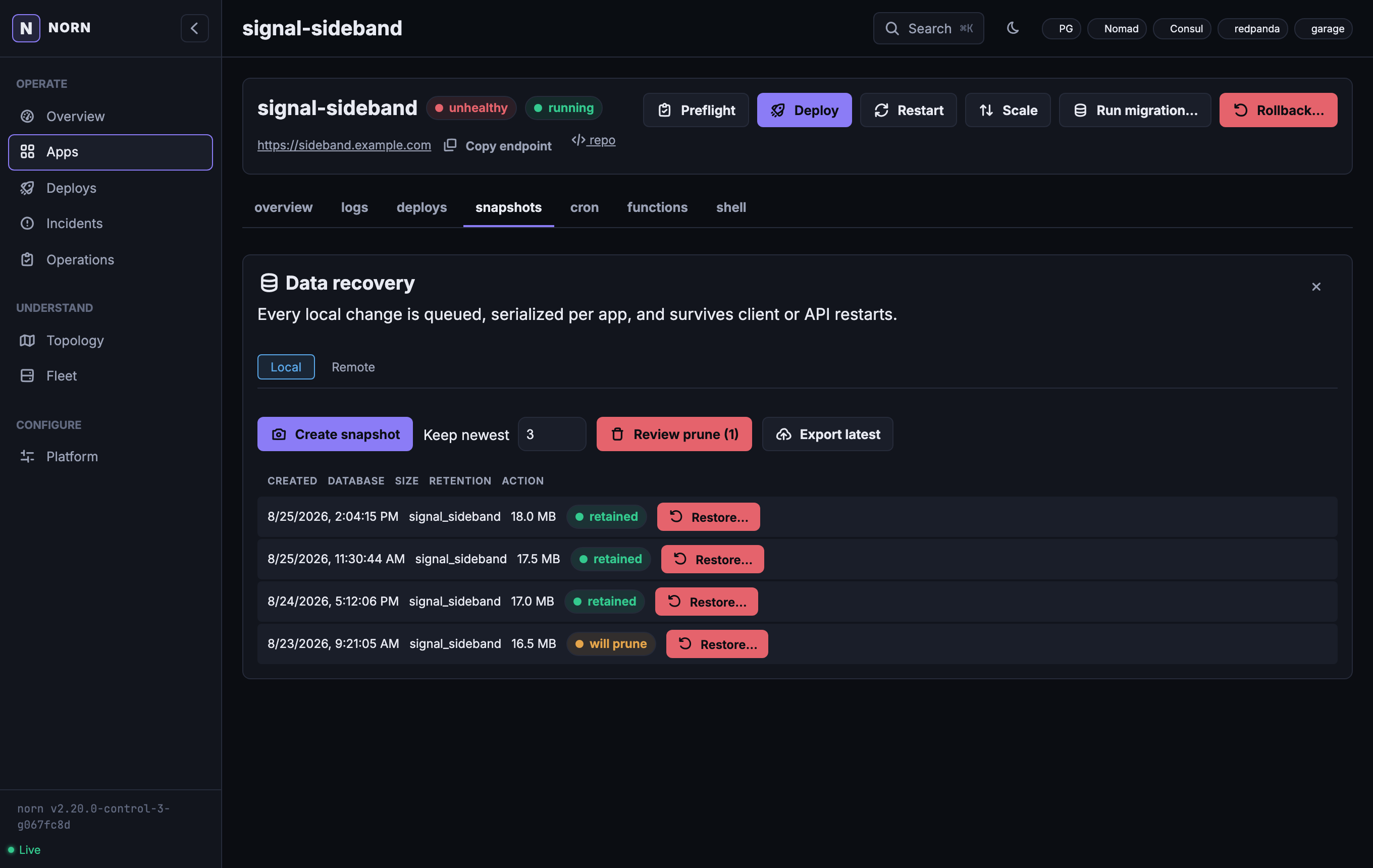 Norn app data recovery workspace showing snapshot inventory, retention preview, schema changes, and rollback controls