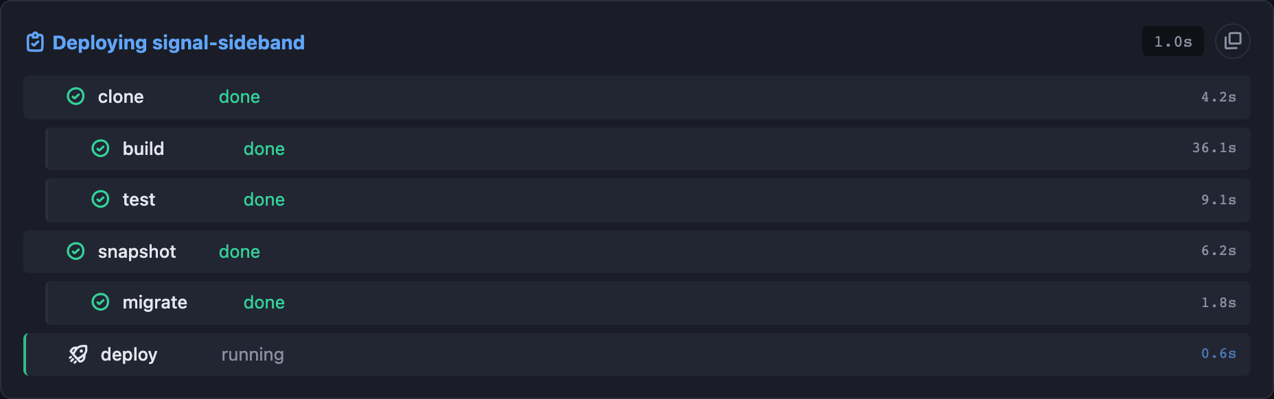 Norn deploy panel showing signal-sideband build, snapshot, migrate, and Nomad drain progress